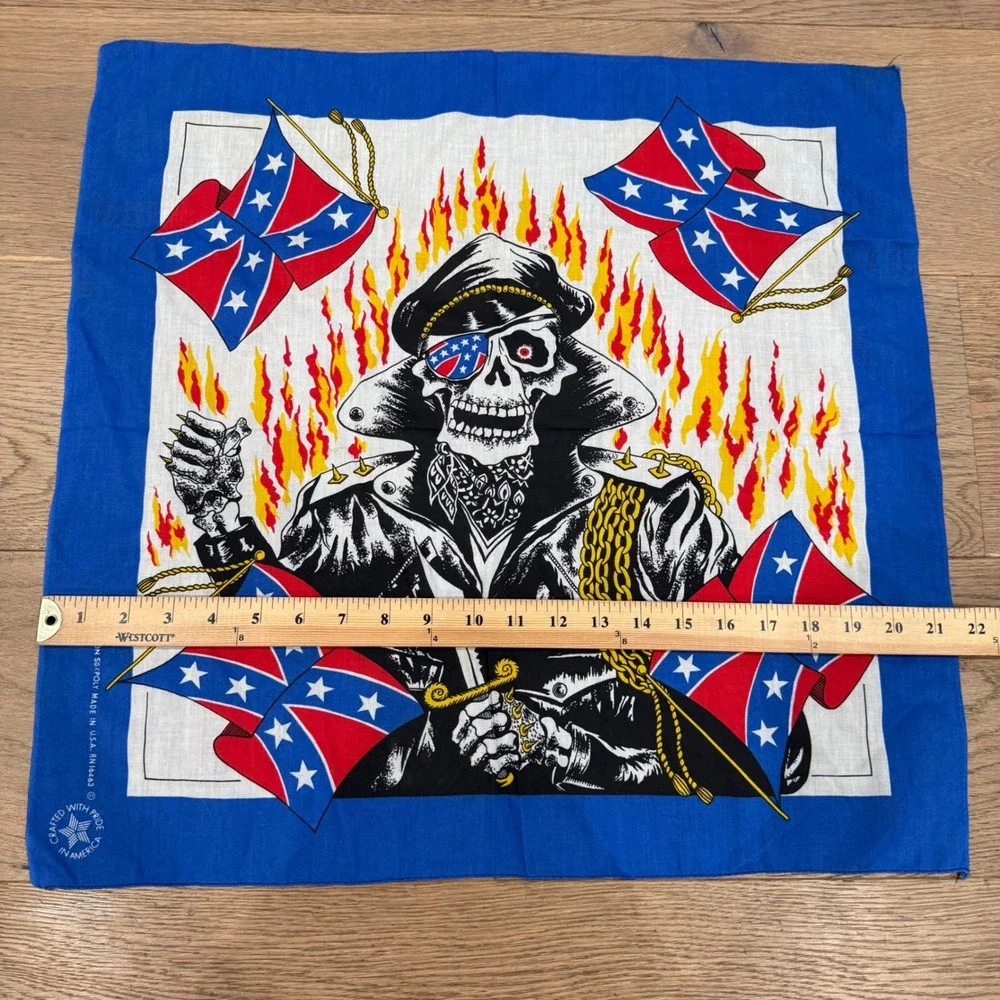 Vintage Biker Bandana Skeleton Rider Confederate Flag Blue 21x21 USA Made